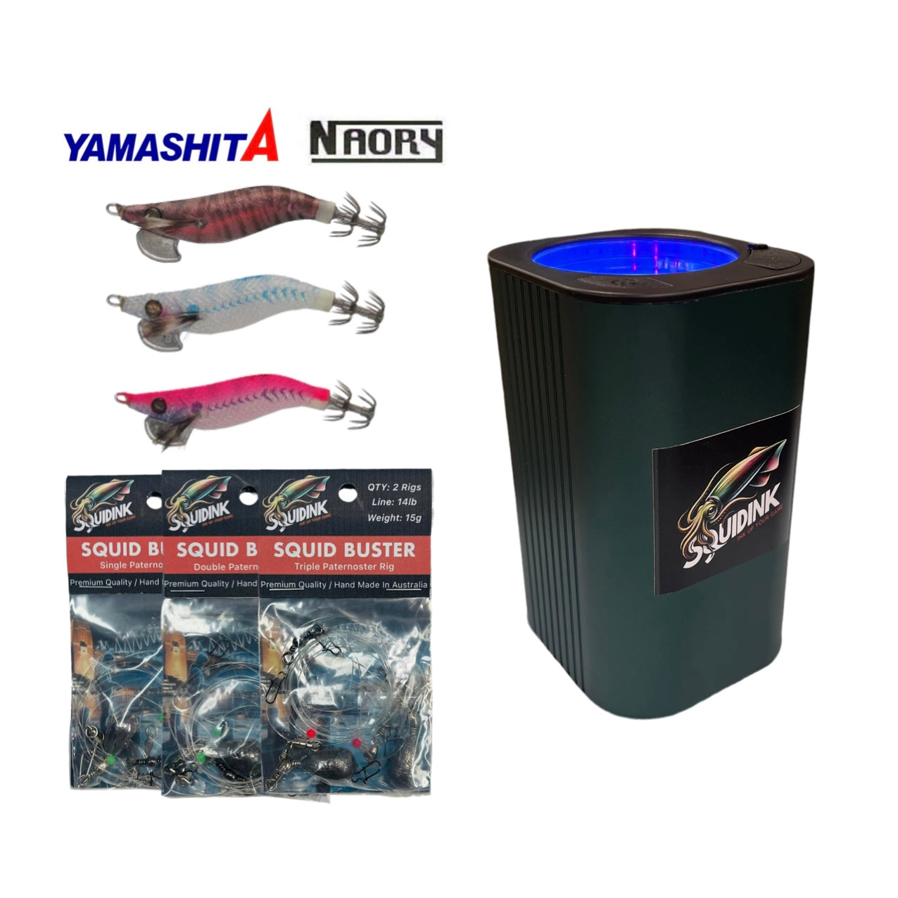 3 x Yamashita Squid Jigs + Squidink UV Squid Jigs/Lure Rechargeable Light Box + 3 x Squidink Rigs