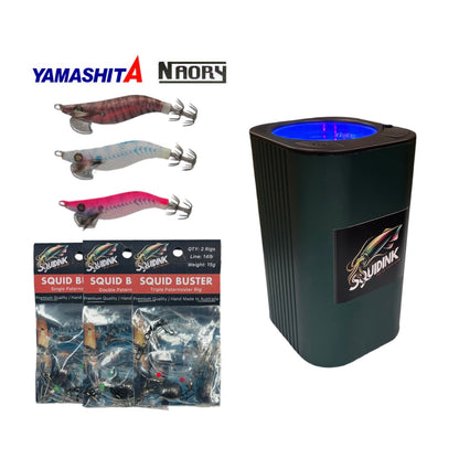 3 x Yamashita Squid Jigs + Squidink UV Squid Jigs/Lure Rechargeable Light Box + 3 x Squidink Rigs