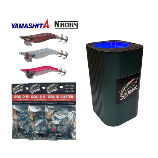 3 x Yamashita Squid Jigs + Squidink UV Squid Jigs/Lure Rechargeable Light Box + 3 x Squidink Rigs