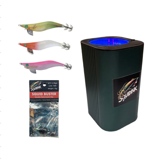 3 x 1.5 Yamashita Squid Jigs + Squidink UV Squid Jigs/Lure Rechargeable Light Box + Squidink Double Rig